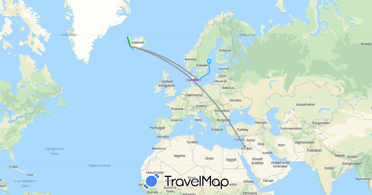 TravelMap itinerary: driving, bus, plane, train, boat in Denmark, Iceland, Jordan, Sweden (Asia, Europe)